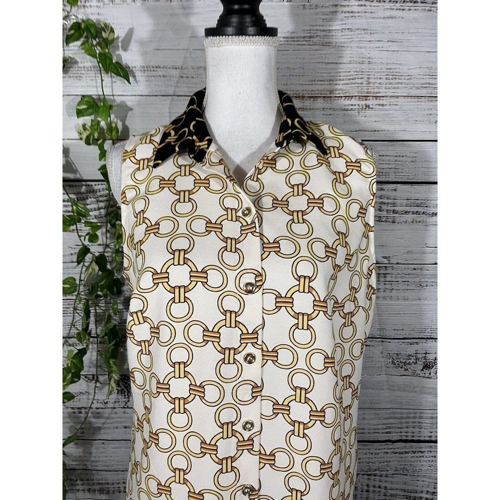 Coco Bianco Blouse Shirt size Medium Black Gold Chains Career Summer Beach Slim - Picture 2 of 11
